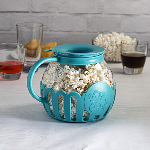 Ecolution Patented Micro-Pop Microwave Popcorn Popper with Temperature Safe Glass, 3-in-1 Lid Measures Kernels and Melts Butter, Made Without BPA, Dishwasher Safe, 3-Quart, Teal