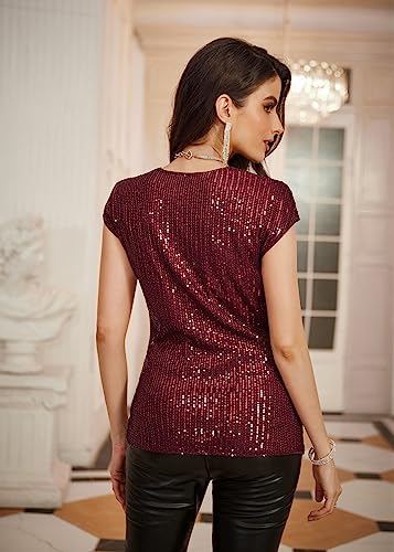 Sparkle Sequin Tops for Women Shimmer Glitter Club Party Cap Sleeve Wrap V-Neck Twist Front Tops Plus Size Wine Red XL