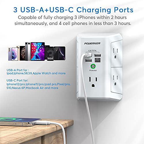 USB Wall Charger,POWERIVER Multi Outlet Extender Surge Protector with 4 USB Ports(1 USB C,4.2A Total) 1680J Power Strip Multi Plug Wall Outlet Adapter Spaced for Home School Office,ETL Listed,White