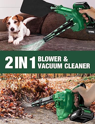 KIMO Cordless Leaf Blower & Vacuum with 2 X 2.0 Battery & Charger, 2-in-1 20V Leaf Blower Cordless, 150CFM Lightweight Mini Cordless Leaf Vacuum, Handheld Electric Blowers for Lawn Care/Dust/Pet Hair