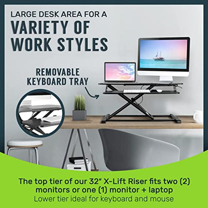 TechOrbits Standing Desk Converter - 32 Inch Adjustable Sit to Stand Up Desk Workstation, Particle Board, Dual Monitor Desk Riser with Keyboard Tray, Desktop Riser for Home Office Laptop, Black 32"