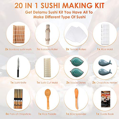 Delamu Sushi Making Kit, 20 in 1 Sushi Bazooka Roller Kit with Chef’s Knife, Bamboo Mats, Bazooka Roller, Rice Mold, Temaki Sushi Mats, Rice Paddle, Rice Spreader, Chopsticks, Sauce Dishes, Guide Book