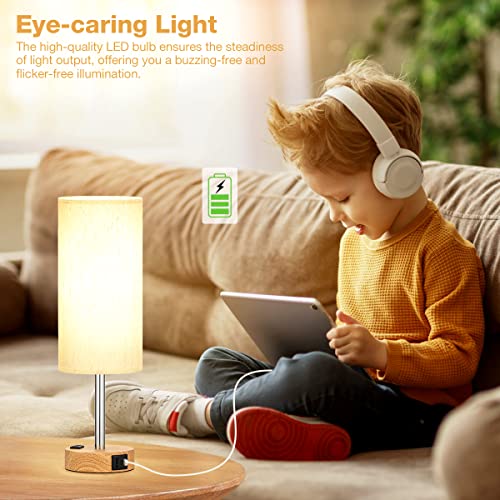 Beside Table Lamp for Bedroom Nightstand - 3 Way Dimmable Touch Lamp USB C Charging Ports and AC Outlet, Small Lamp Wood Base Round Flaxen Fabric Shade for Living Room, Office Desk, LED Bulb Included