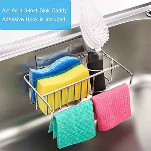 2 IN 1 SPONGE HOLDER, MOVABLE Kitchen Sink Caddy Sponge Holder + Brush Holder, Small In Sink Dish Sponge Caddy, 304 Stainless Steel, Hanging Kitchen Sink Organizer Accessories Rack Basket -No Adhesive