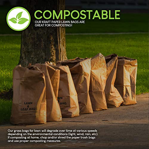 30 Gallon Kraft Lawn and Leaf Bags (10 Pack) Eco-Friendly Heavy Duty Large Paper Trash Bags, Made in the USA Tear Resistant Yard Waste Bags for Grass Clippings, Wet and Dry Leaves, Weeds, Twigs