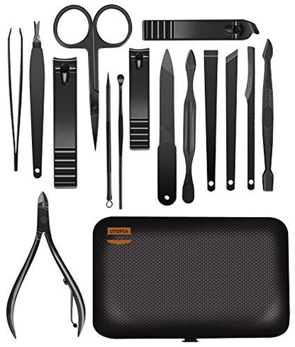 Utopia Care 15 Pieces Manicure Set - Stainless Steel Manicure Nail Clippers Pedicure Kit - Professional Grooming Kits, Nail Care Tools with Luxurious Travel Case (Black)