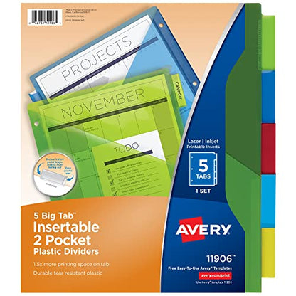 Avery 5-Tab Plastic Binder Dividers with Pockets, Insertable Multicolor Big Tabs, 1 Set (11906)