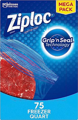 Ziploc Quart Food Storage Freezer Bags, Grip 'n Seal Technology for Easier Grip, Open, and Close, 75 Count