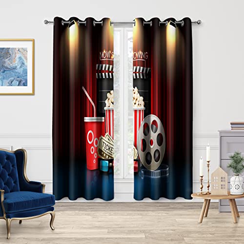 Jekeno Movie Theater Blackout Curtains, Home Cinema Film Strips Decor, Popcorn Drink Print Frame Pattern Theme Grommet Window Drapes for Bedroom Living Room, 52 Wide 84 Long inches 2 Panels