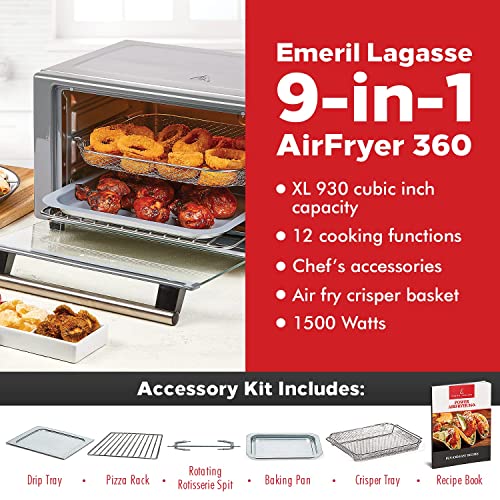 Emeril Lagasse Power Air Fryer 360 Better Than Convection Ovens Hot Air Fryer Oven, Toaster Oven, Bake, Broil, Slow Cook and More Food Dehydrator, Rotisserie Spit, Pizza Function Cookbook Included (Stainless Steel)