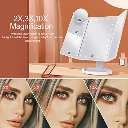 HUONUL Makeup Mirror Vanity Mirror with Lights, 1x 2X 3X Magnification, Lighted Makeup Mirror, Touch Control, Trifold Makeup Mirror, Dual Power Supply, Portable LED Makeup Mirror, Women Gift