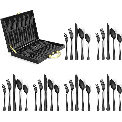 30-Piece Black Silverware Set, Blingco Black Flatware Set for 6, Food-Grade Stainless Steel Cutlery Set, Tableware Eating Utensils with Gift Box for Home Restaurant, Mirror Polished, Dishwasher Safe