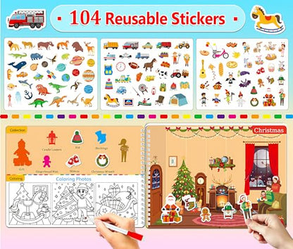 iGetooy Reusable Sticker Books for Toddlers 1-3, Preschool Learning Activities Busy Book for Kids, 104Pcs Reusable Stickers Toddler Learning Activities Book Christmas Birthdays Gifts for Boys Girls