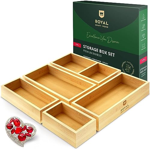 ROYAL CRAFT WOOD Luxury Bamboo Drawer Organizer Storage Box, Bin Set - Multi-Use Drawer Organizer for Kitchen, Bathroom, Office Desk, Makeup, Jewelry (5 Boxes)