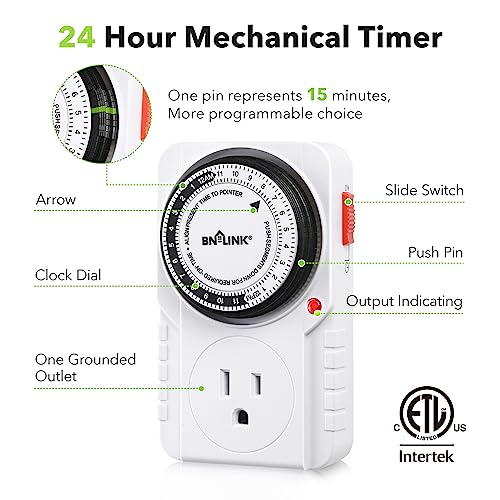 BN-LINK 24 Hour Plug-in Mechanical Timer Grounded for Aquarium, Grow Light, Hydroponics, Indoor Lighting, Home Appliances, ETL Listed 125VAC, 60 Hz, 1875W, 15A, 1/2HP (1 Pack)