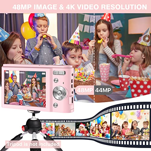 Digital Camera, 4K 48MP Vlogging Camera Compact Pocket Camera with 16X Zoom 32GB SD Card, Point and Shoot Camera for Adult Seniors Students Kids Beginner(Pink)