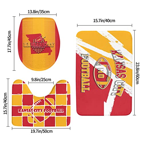 Kansas City Bathroom Rug Mats Football Sports Fans Non-Slip Bath Rug Toilet Seat Cover Washable Bathroom Mat Set of 3