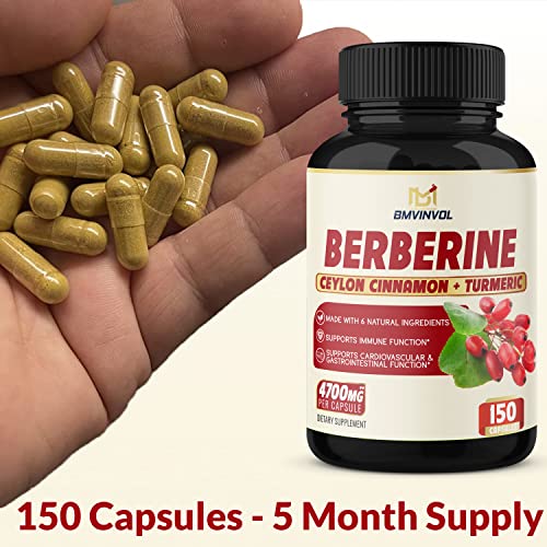 Berberine Supplement 4700mg - 5 Months Supply - High Potency with Ceylon Cinnamon, Turmeric - Supports Immune System, Cardiovascular & Gastrointestinal Function - Berberine HCl Supplement Pills