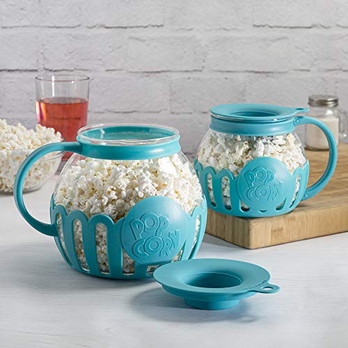 Ecolution Patented Micro-Pop Microwave Popcorn Popper with Temperature Safe Glass, 3-in-1 Lid Measures Kernels and Melts Butter, Made Without BPA, Dishwasher Safe, 3-Quart, Teal