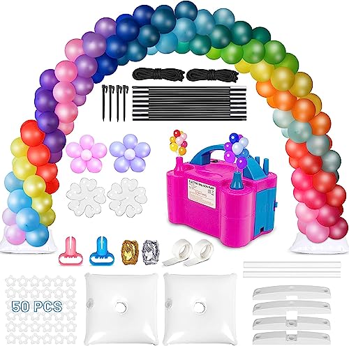 Balloon Arch Kit and Pump, 9Ft Tall & 10Ft Wide Adjustable Balloon Arch Holder Stand with Base, Iron Pipe, Water bag, Balloon Clips, Knotter for Wedding Graduation Birthday Party Supplies Decoration