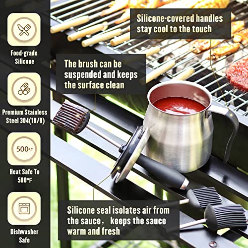 BBQ Basting Pot with 3 Basting Brushes Set,Airtight Stainless Steel Barbecue Sauce Pot,Silicone BBQ Brushes for Sauce,BBQ Grilling Gifts for Men Dad,BBQ Gadgets Grill Accessories,32oz Large Capacity