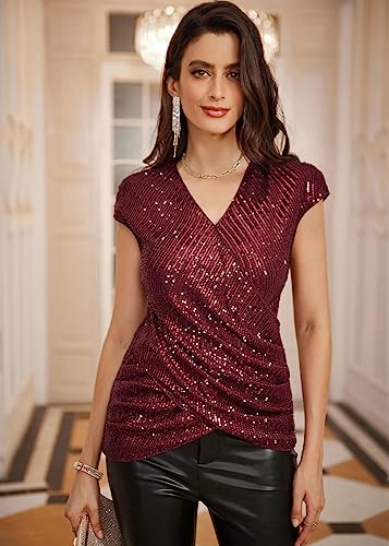 Sparkle Sequin Tops for Women Shimmer Glitter Club Party Cap Sleeve Wrap V-Neck Twist Front Tops Plus Size Wine Red XL