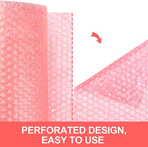 2 Pack of Mighty Gadget Bubble Cushioning Wrap Rolls, 12" x 72’ ft Total, Perforated Every 12" for Packaging, Shipping, Mailing Free Bonus Fragile Stickers Included (Pink Antistatic)