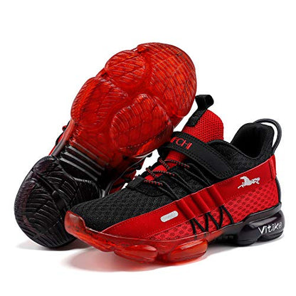 JMFCHI Boys Girls Kids' Sneakers Knitted Mesh Sports Shoes Breathable Lightweight Running Shoes for Kids Fashion Athletic Casual Shoes Black/Red Size 4