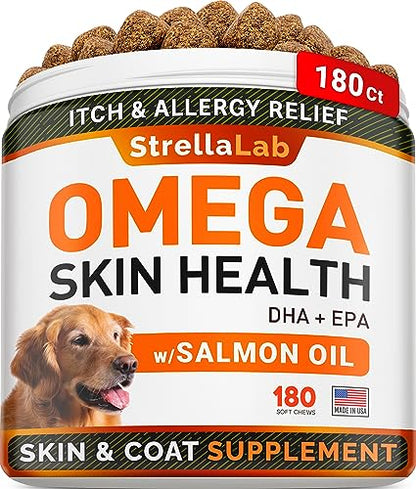 Fish Oil Omega 3 Treats for Dogs - Allergy and Itch Relief - Skin and Coat Supplement - Joint Health - Wild Alaskan Salmon Oil - Shedding, Itchy Skin Relief - Omega 3 6 9 - EPA & DHA - 180 treats