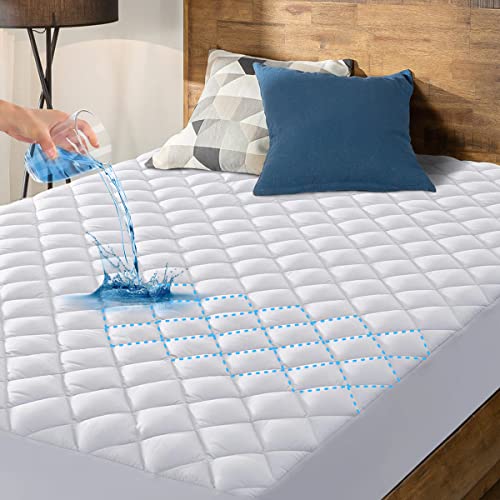 HYLEORY Twin Size Waterproof Mattress Pad Protector, Breathable Quilted Mattress Cover Noiseless Waterproof Fitted Sheet Mattress Topper Upto 21" Deep Pocket, White