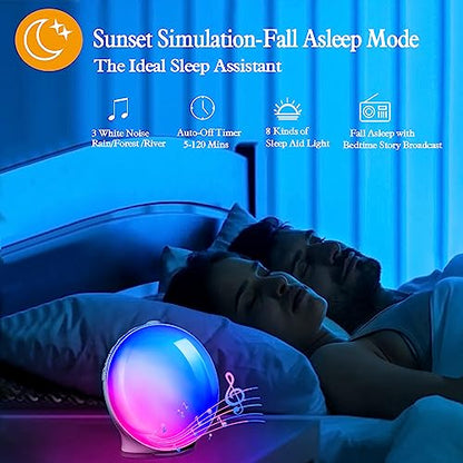 Sound Machine with Sunrise & Sunset for Adults Sleeping, White Noise Machine with 2 Alarm Clock, 10 Soothing Sounds, 17 Color Night Light, Adjustable Volume, Dimmable LED Display, FM Radio to Wake Up