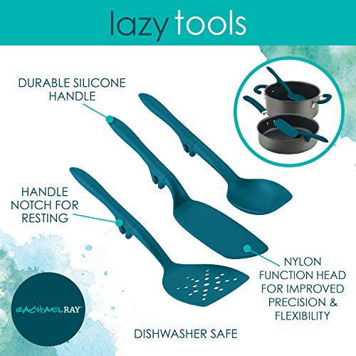 Rachael Ray Tools and Gadgets Spoon, Slotted and Solid Turners Set/ Cooking Utensils - 3 Piece, Teal Blue