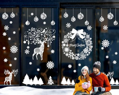 Super Huge Christmas Window Clings Static Snowflake Christmas Decorations, Reindeer Xmas Decor Winter Wonderland Decorations Window Stickers Decals for Indoor Christmas Decoration Party (4 Sheets)