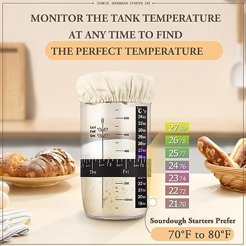 Zunmial Sourdough Starter Jar, Sourdough Starter Kit with With Date Marked Feeding Band, Thermometer, Cloth Cover & Metal Lid, Reusable Sourdough Bread Baking Supplies, Home Baking Supplies