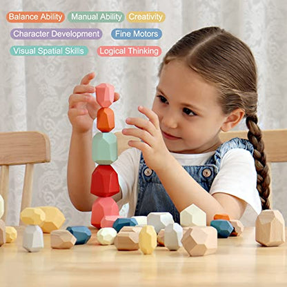 BESTAMTOY 36 PCS Wooden Sorting Stacking Rocks Stones,Sensory Toddler Toys Learning Montessori Toys, Building Blocks Game for Kids 2 3 4 5 6 Years Boy and Girl Birthday Gifts for Kids