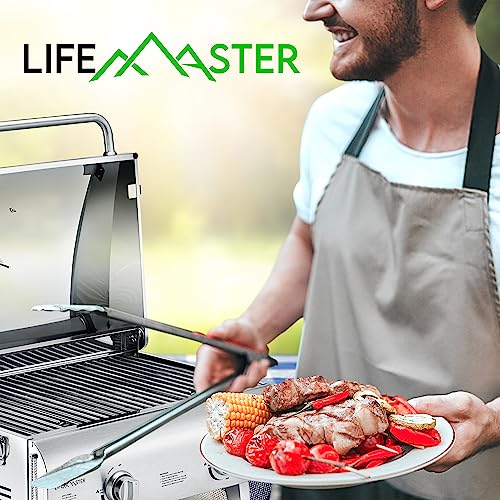 Portable Grill – Table Top Stainless Steel Propane Gas BBQ for Camping and Outdoor – 2 Burners –20,000 BTU Power - Folding Legs – Wind Proof Lid – Easy Clean – Silver - By Lifemaster