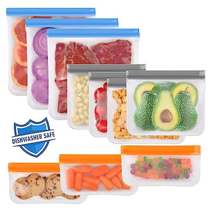 10 Pack Dishwasher Safe Reusable Bags Silicone, Leakproof Freezer BPA Free Storage Bags for Lunch Marinate Food Travel - 3 Gallon 3 Snack 4 Sandwich Bags