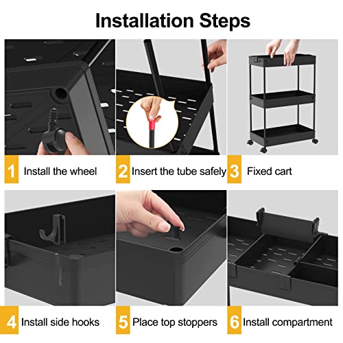 SPACELEAD Slim Storage Cart,3 Tier Bathroom Rolling Slide Out Utility Cart, Mobile Shelving Unit Organizer Trolley for Office Bathroom Kitchen Laundry Room Narrow Places, Black