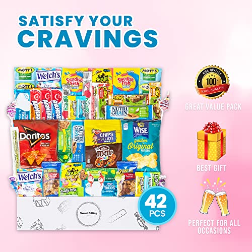 Sweet Gifting Snack Box Variety Pack Care Package (42 Count) Halloween, Gift Basket, Adults, Kids, Teen, Men, Women, College Student, Snackbox, Office Sampler, Candy Food Cookies Chips Arrangement