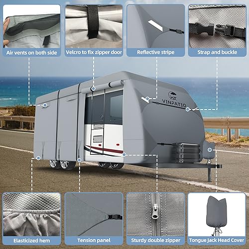 VINPATIO RV Cover, 7 Layers Heavy Duty RV & Trailer Cover, Toy Hauler Cover Fits 20'-22' RV Travel Trailer Camper Cover with Tongue Jack Cover, Extra Windproof Straps, Gutter Covers