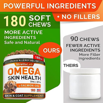 Fish Oil Omega 3 Treats for Dogs - Allergy and Itch Relief - Skin and Coat Supplement - Joint Health - Wild Alaskan Salmon Oil - Shedding, Itchy Skin Relief - Omega 3 6 9 - EPA & DHA - 180 treats