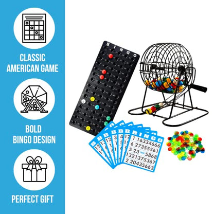 Regal Bingo - Deluxe Bingo Set - Includes 6 Inch Bingo Cage, Master Board, 18 Mixed Cards, 75 Calling Balls, Colorful Chips - Ideal for Large Groups, Parties