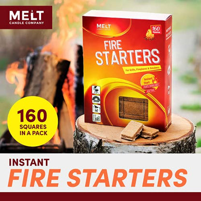 Fire Starter Squares 160 - Fire Starter Pack for Chimney, Grill Pit, Fireplace, Campfire, BBQ & Smoker - Water Resistant and Odourless - Camping Accessories