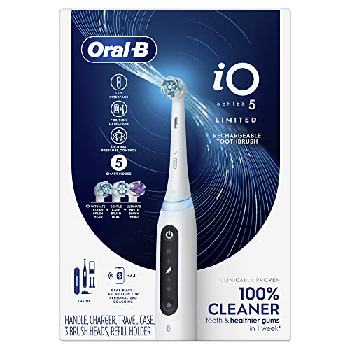 Oral-B iO Series 5 Limited Rechargeable Electric Powered Toothbrush, White with 3 Brush Heads and Travel Case - Visible Pressure Sensor to Protect Gums - 5 Cleaning Modes - 2 Minute Timer