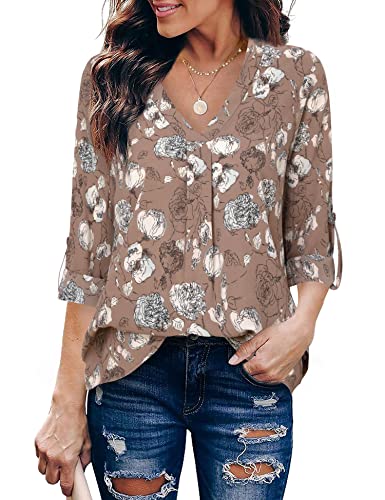 Youtalia Dress Tops and Blouses for Work, Women's Shirts Long Sleeve Tunic Blouse Chic V Neck Shirt Pleated Floral Tunic Top Casual Plus Size Blouses for Women Multicolor Coffee X-Large