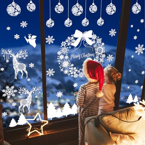 Super Huge Christmas Window Clings Static Snowflake Christmas Decorations, Reindeer Xmas Decor Winter Wonderland Decorations Window Stickers Decals for Indoor Christmas Decoration Party (4 Sheets)