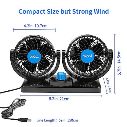 XOOL Car Fan, USB Portable Cooling Air Fan for Car, 360 Degree Rotatable Dual Head Desk Fans with 2 Speed Strong Wind for Dashboard SUV, RV, Vehicles, Boat, Home & Office - USB Powered