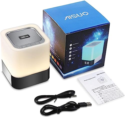 Aisuo Night Light-5 in 1 Bedside Lamp with Bluetooth Speaker, 12/24H Digital Calendar Alarm Clock, Touch Control, Support TF and SD Card, Music Player, Gift for Girls Boys Teens,Warm White