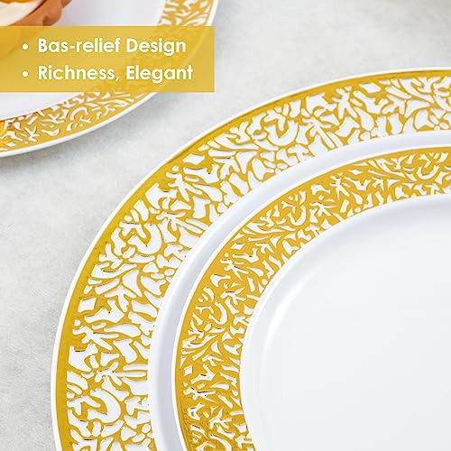 150 Count Gold Dinnerware Set, Elegant Plastic Plates Disposable Include: 25 Gold Lace Plastic Plates, 25 Dessert Plates, 25 Forks, 25 Knives, 25 Spoons, 25 Cup, Ideal for Party, Birthday