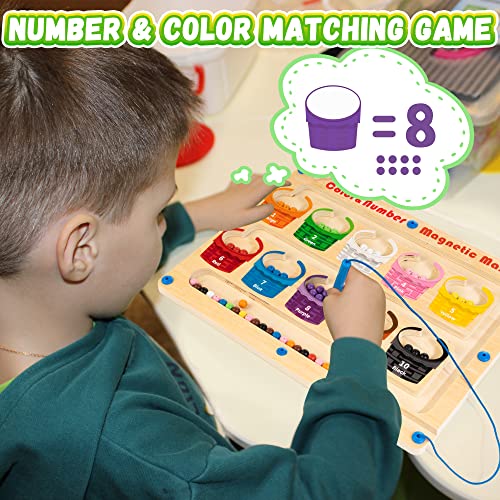 Winique Magnetic Color and Number Maze - Montessori Toys for 3 Years Old Boys Girls Wooden Magnet Board Puzzles, Fine Motor Skills Learning Toys Toddler Activities Counting Matching Games